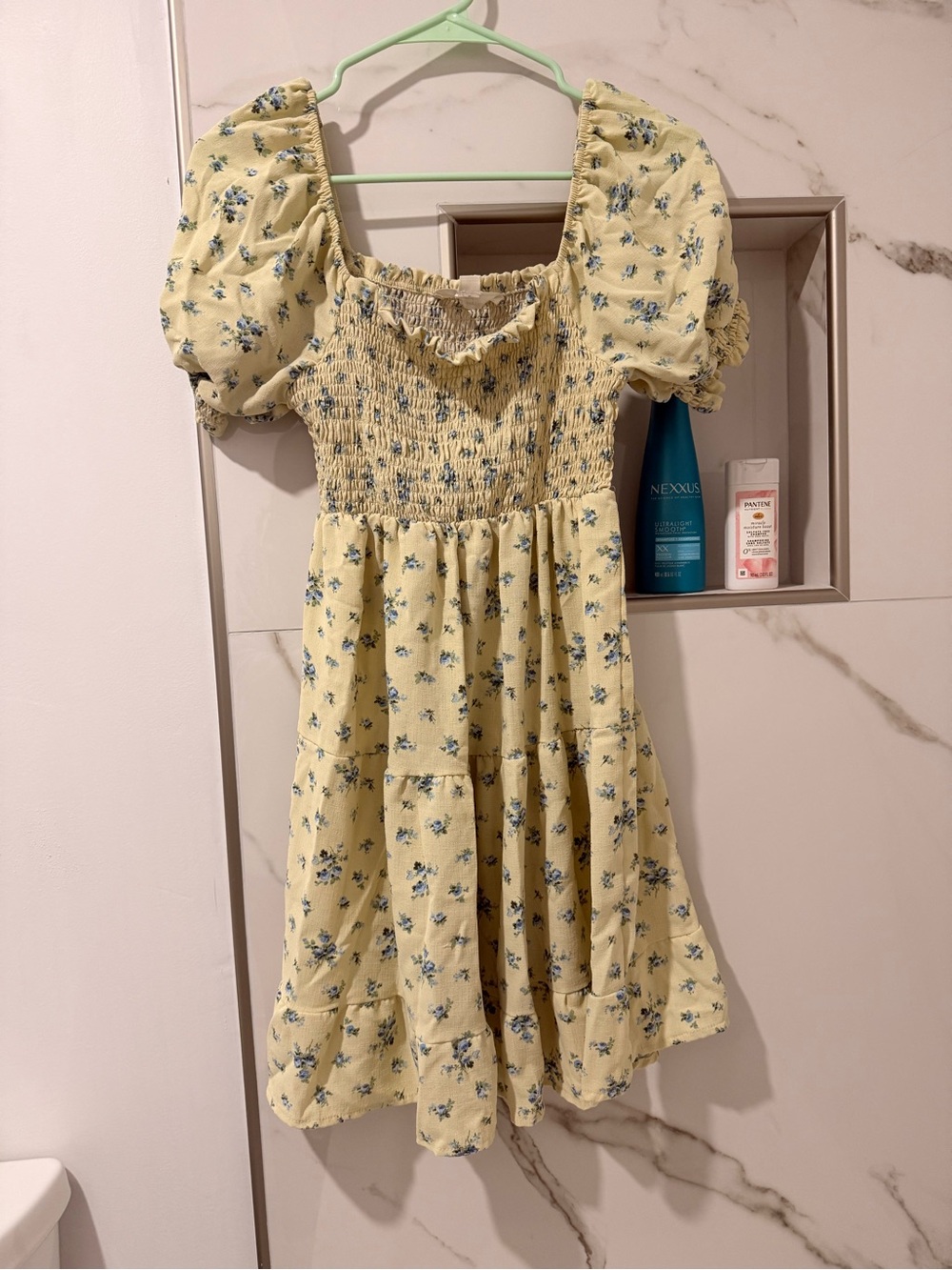 Yellow Floral Puff-Sleeve Smocked Casual Dress